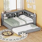 Schlafsofa Kinderbett 140x200 mit ausziehbares Bett 90x190, Holzbett Doppelbett Jugendbett Funktionsbett mit USB-Steckdose und mehreren Ablagefächern, Tagesbett Bettgestell mit Lattenrost (Grau)