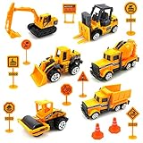 Sunarrive Baustellenfahrzeuge mit Baustellenschild - Baufahrzeuge Mini Bagger für Torte - Baustelle Fahrzeuge Minibagger Spielzeugauto Set - Kleine Spielzeug Auto für Kinder Junge Mädchen ab 3 4 Jahre