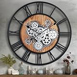 Lafocuse Wanduhr Groß mit Beweglichen Zahnrädern Industrial Steampunk XXL Holz Vintage Retro Schwarz Romische Zahlen 57 cm für Küche Wohnzimmer Bar