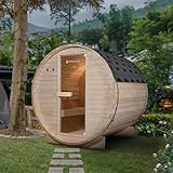 Luxus Outdoor Holz Fasssauna Saunafass Größe L 180x191 cm mit 6 KW Saunaofen für 4 Personen KOMPLETT SET mit Sauna Ofen Zubehör LED massiv Fichte