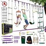 TRAILBLAZE Ninja Hindernisparcours für Kinder | 2 x 17m Slacklines Hindernisse Set Turnringe Schaukel Kletterleiter Zubehör | Erweiterbar Warrior Parcours Outdoor Hindernisparcours Garten