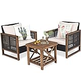 GOPLUS 3 tlg. Gartenmöbel Set, Polyrattan Sitzgruppe mit Beistelltisch, Rattanmöbel Lounge Set aus Holz für Terrasse, Balkon & Garten, Braun