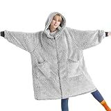 BEDSURE Hoodie Decke mit Ärmeln - Sherpa Deckenpullover mit Reißverschluss und Kapuze Grau, Tragbare Decke Kuschel Hoodie als Geschenke für Damen Herren, weich flauschig Decke Erwachsene