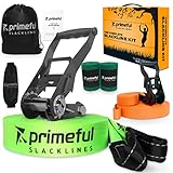 Primeful® Slackline für Kinder & Erwachsene - 18.5 m Länge inkl. Übungsleine, Armtrainer & Baumschutz - Premium-Qualität mit ergonomischer Ratsche & Tragetasche - Trainieren Sie Körperkraft & Balance!