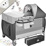 Kidiz® Babybett 3 in 1 Reisebett Kombi Set Baby Bett mit Wickelauflage Moskitonetz Laufstall Baby ab Geburt bis 15 kg luftige Seitenwände mit Seiteneingang Tragetasche zusammenklappbar, Grau