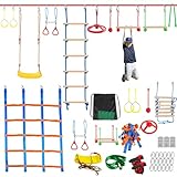 Zlinke Ninja Warrior Hindernisparcours für Kinder - 18m×2 Ninja Slackline und 10 langlebige Hindernisse - Outdoor-Trainingsparcours im Hinterhof mit Schaukel, Netz und Leiter zum Klettern, Turnen