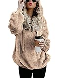 iWoo Damen Hoodie Winter Herbst Casual Kapuzenpullover Teddy-Fleece Plüsch Sweatshirt Warm Flauschig Kapuzenpulli Reißverschluss(Khaki,S)