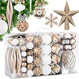 KESSER® Weihnachtskugeln 135-teiliges Set, mit Baumspitze Christbaumkugeln Kunststoff Bruchsicher mit Plastik Weihnachtsbaumkugeln Box Weihnachtsbaum Deko & Christbaumschmuck, Champagne/Weiß