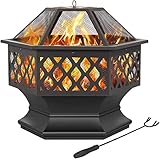 Yaheetech Ø 60,5 cm Feuerschale mit Funkenschutz, Sechseckige Feuerstelle, Multifunktional Feuerkorb, Fire Pit, Feuerschalen für den Garten, Winter Heizung, Terrasse, Lagerfeuer und Camping