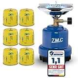 Z.M.C Campingkocher 1100 W + 6x Gaskartuschen 190 g, Gaskocher für Camping 13x20 cm, Kohlenanzünder, Mini Camping Gas Kocher, Anzünder