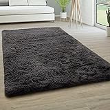 Paco Home Hochflor Teppich Wohnzimmer rutschfest Fellteppich Shaggy Flauschig Weich Modern Kunstfell Fell Imitat Einfarbig, Grösse:120x170 cm, Farbe:Anthrazit