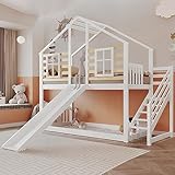 Gegtuon Kinderbett Etagenbett 90x200 cm, Hochbett mit Treppe und Rutsche, Bett Hausbett mit Dach für Jungen und Mädchen, Holzbett mit 1x Lattenrost aus Holz und Rausfallschutz, Weiß, ohne Matratze