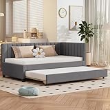 Ctastay Polsterbett Einzelbett Gästebett 90x200 cm, Kinderbett Schlafsofa Multifunktionsbett mit Ausziehbares Rollbett, Tagesbett Jugendbett Bett mit Lattenrost, Samt, Grau (Ohne Matratze)