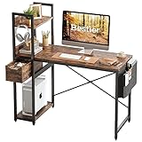 Bestier Schreibtisch mit Regal, 120 x 50 cm Computertisch mit Schublade, Linker und Rechter austauschbarer Schreibtisch mit Seitentasche zur Aufbewahrung und Kopfhörerhaken, Braun