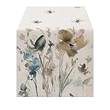 Lslandmood Deko Tischläufer Modern Wohnzimmer Tischsets, Wetterfest Tischläufer Leinen, Lang Tischläufer Abwaschbar Outdoor, Natur Blumen Tischläufer für Party Tischmatten Läufer 40x140