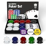 Soom Games Poker Set - Enthält Pokerspiel 110 Chips Perfekt für 2-5 Spieler, Poker Chips Set, Spielkarten, Dealer Button, Big Blind Button und Small Blind Button, Kompaktes Pokerset Texas Hold'em