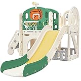 5 in 1 Kinderrutsche Indoor und Outdoor für ab 1-6 Jahr, Kinder Spielplatz mit Langer Rutsche, Aufbewahrungsbox, Tunnel, Treppenleiter, Basketballkorb und Durchgangsbereich, Gartenrutsche, Grün