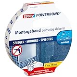 tesa Powerbond MIRROR - Doppelseitiges Montageband zur Fixierung von Spiegeln - Feuchtigkeitsbeständiges Klebeband für Bad und Dusche - 5 m x 19 mm