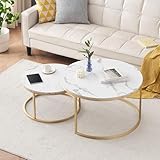 Ginhow Couchtisch Marmor Optik | Satztische fürs Wohnzimmer | ø 80 + 60 Groß Tisch Rund | MDF Coffee Table | Weiß Marmoroptik und Gold Stahl Gestell