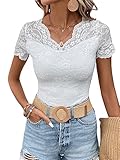 GORGLITTER Damen Elegant Spitzen T-Shirt V-Ausschnitt Oberteil Slim Fit Tops Kurzarmshirt mit Muscheln Vollweiß XL