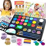 Lubibi Kinderschminke Set,21 Farben Kinderschminke Schminkpalette, Waschbar Face Paint Bodypaint Schminkset, mit 3 Pinsel, 28 Tattoos Schablonen, Make Up Theaterschminke für Halloween Faschin Karneval