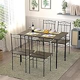 IPOTIUS Esszimmer-Set mit Esstisch und 4 Stühlen, Esstisch und Stuhl mit dunkler Holzmaserung, Schwarze Metallbeine, für Esszimmer, Küche, Wohnzimmer