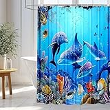 wiipara Duschvorhang 180x200cm, Wasserfeste Duschvorhänge Blau Delphin Shower Curtains Polyester Bad Vorhang, Waschbar Badzimmer Badewanne Vorhang Duschvorhang Anti Schimmel mit 12 Duschvorhangringe