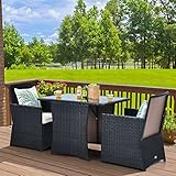 GIANTEX Gartenmöbel Set Rattan 2 Personen, Balkonmöbel Kleiner Balkon, Esstisch mit 2 Stühlen zusammenschiebbar, Balkon Möbel klein Set, Rattan Sitzgruppe inkl. Kissen, Balkonset platzsparend