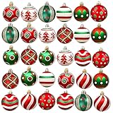 30 Stück 10 Designs Weihnachtskugeln Weihnachtsdeko Set,60mm Kunststoff Weihnachtsbaumkugeln mit Aufhänger Christbaumkugeln Plastik Bruchsicher,Weihnachtsbaumschmuck (Rot Grün und Weiß)