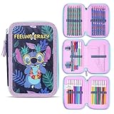 Disney Federmäppchen Mädchen Die Eiskönigin Stitch Federtasche Mädchen Gefüllt Schulmäppchen 2 3 Fächer mit Inhalt Schule Etui Pencil Case Schulmäppchen (Mehrfarbig Stitch Mehrfach)